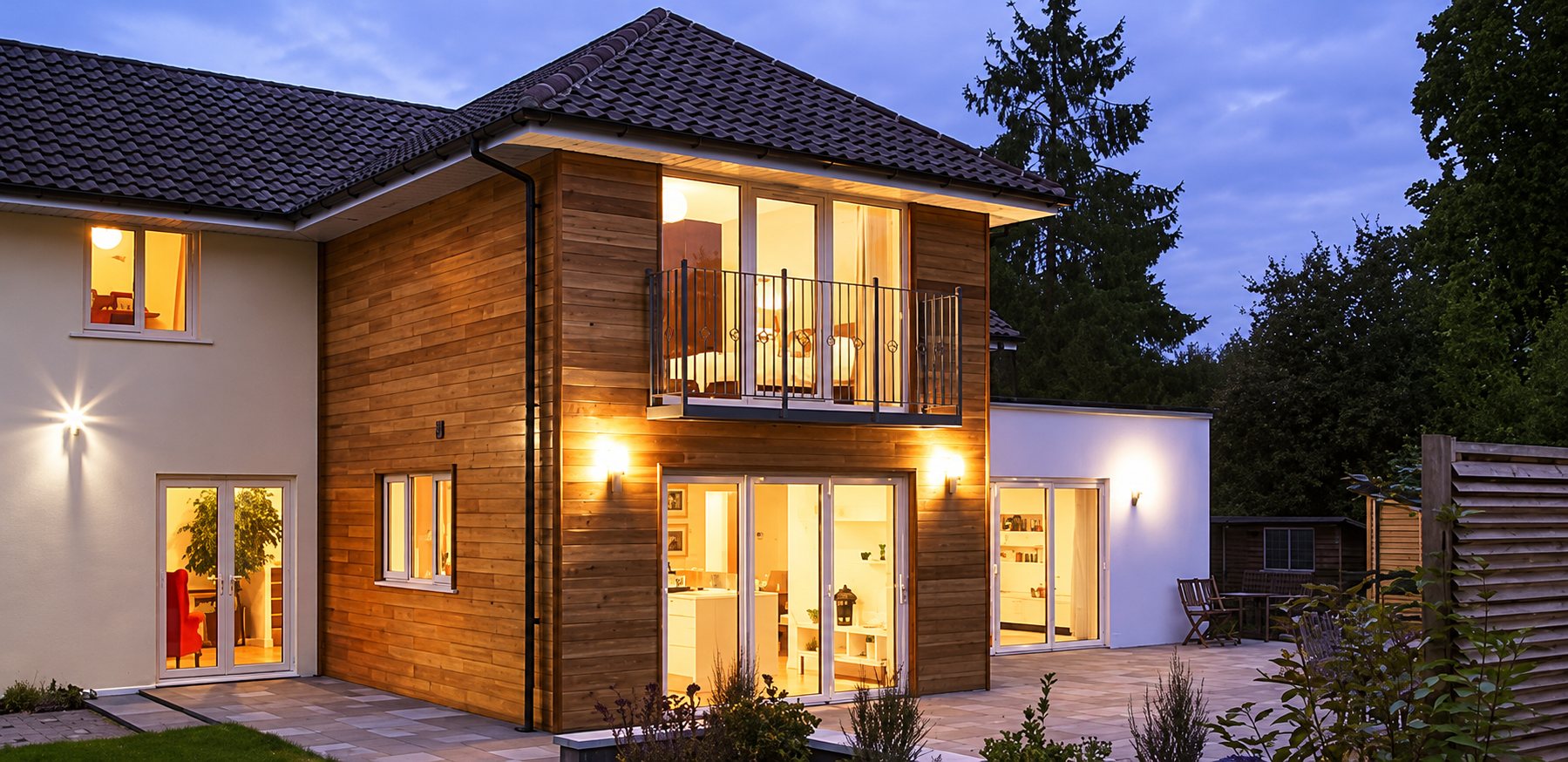Maison moderne au crépuscule avec façade en bardage bois, grandes baies vitrées éclairées, balcon et terrasse dallée.
