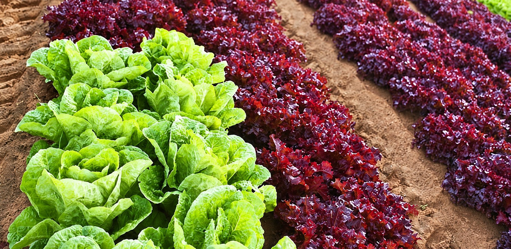 Des rangées de laitues vertes et de laitues rouges poussent côte à côte dans un champ de terre.